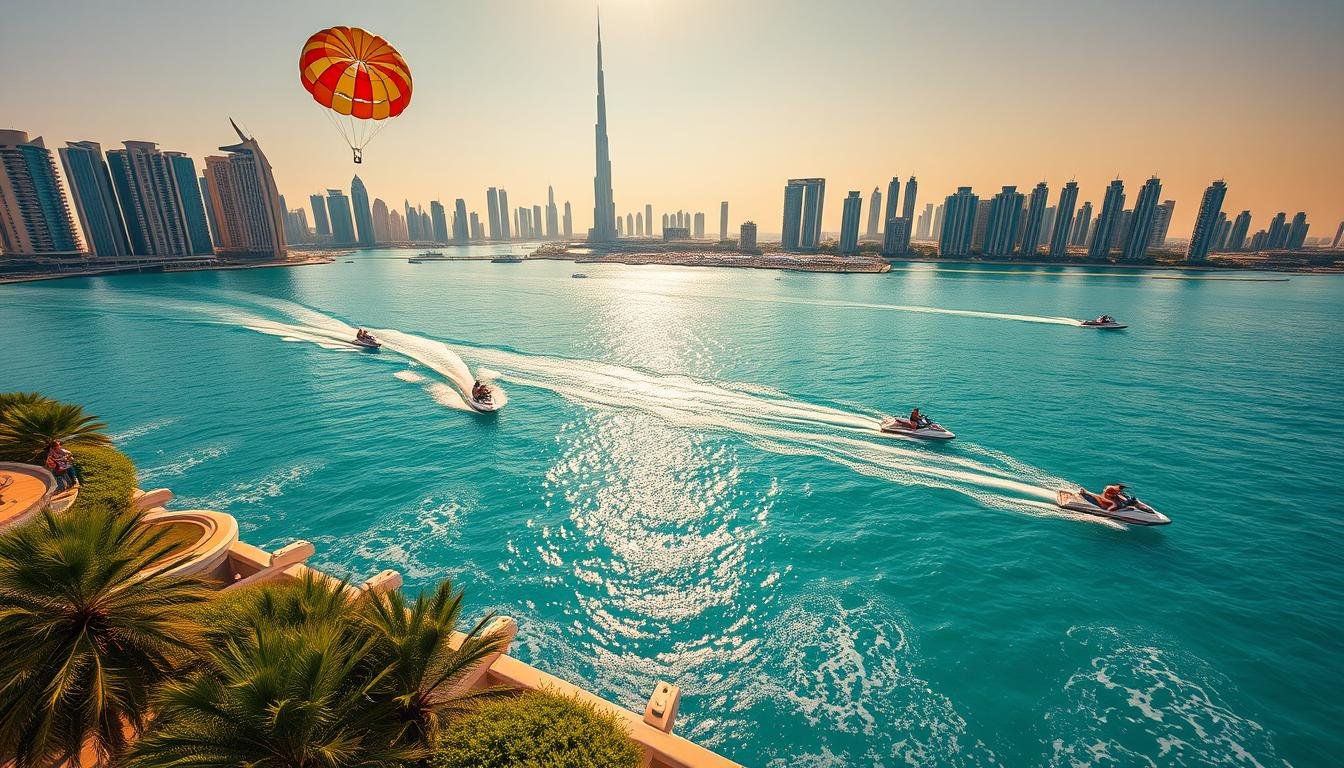 Wide-angle, dynamic shot of water sports enthusiasts enjoying diverse activities in Dubai Marina against the backdrop of iconic Dubai skyline. Vivid turquoise waters, jet skis and speedboats zipping across the surface, parasailers soaring overhead. Warm, golden sunlight illuminates the scene, casting long shadows on the rippling waves. Lush greenery lines the promenade in the foreground, inviting visitors to explore the range of water adventure packages on offer. Reflections of the Burj Khalifa and other towering skyscrapers shimmer in the distance, creating a captivating contrast between the serene aquatic setting and the dynamic city beyond.