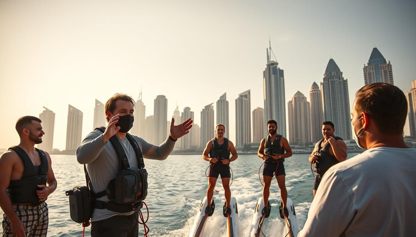 Wide-angle shot of an expert flyboarding instructor briefing a group of participants against the backdrop of the iconic Dubai Marina skyline. The instructor gestures animatedly, demonstrating the use of the flyboard equipment in the foreground, their face obscured. In the middle ground, the participants listen intently, their expressions focused. The warm, golden light of the clear sky bathes the scene, creating a sense of energy and anticipation. The towering high-rises of the Marina provide an impressive, recognizable setting, hinting at the thrilling flyboarding experience to come.