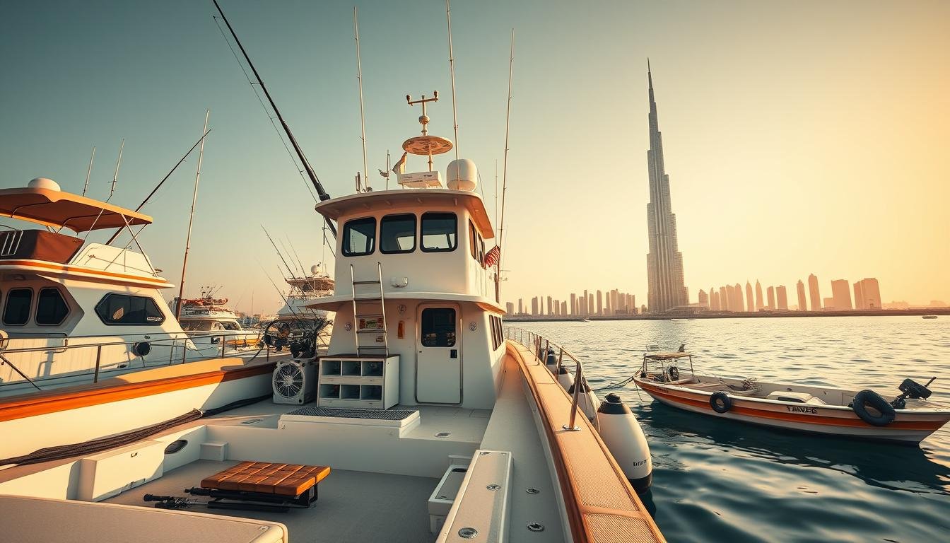 Wide-angle view of a well-equipped fishing charter boat docked in a serene UAE harbor, with the iconic Burj Khalifa and Dubai skyline visible in the background. The vessel's deck is adorned with quality fishing gear, including rods, reels, tackle boxes, and bait stations. A small cabin offers shelter and amenities for passengers, while the stern features a spacious platform for casting and reeling in the big catches. Warm, golden sunlight bathes the scene, creating an inviting and adventurous atmosphere perfect for an unforgettable deep-sea fishing excursion.