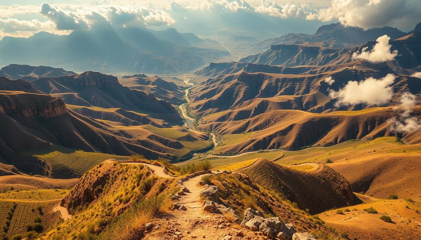 A breathtaking aerial vista of the Jabal Akhdar mountains, with its dramatic cliffs and lush green terraced orchards cascading down into the rugged Hajar range below. Warm, golden sunlight filters through wispy clouds, casting a serene glow over the scenic overlooks. In the foreground, a winding hiking trail leads the eye through the rolling hills and valleys, inviting the viewer to explore this majestic corner of the UAE. The wide-angle perspective captures the grandeur of the landscape, showcasing the stark beauty of the Saiq Plateau against a backdrop of towering, jagged peaks.