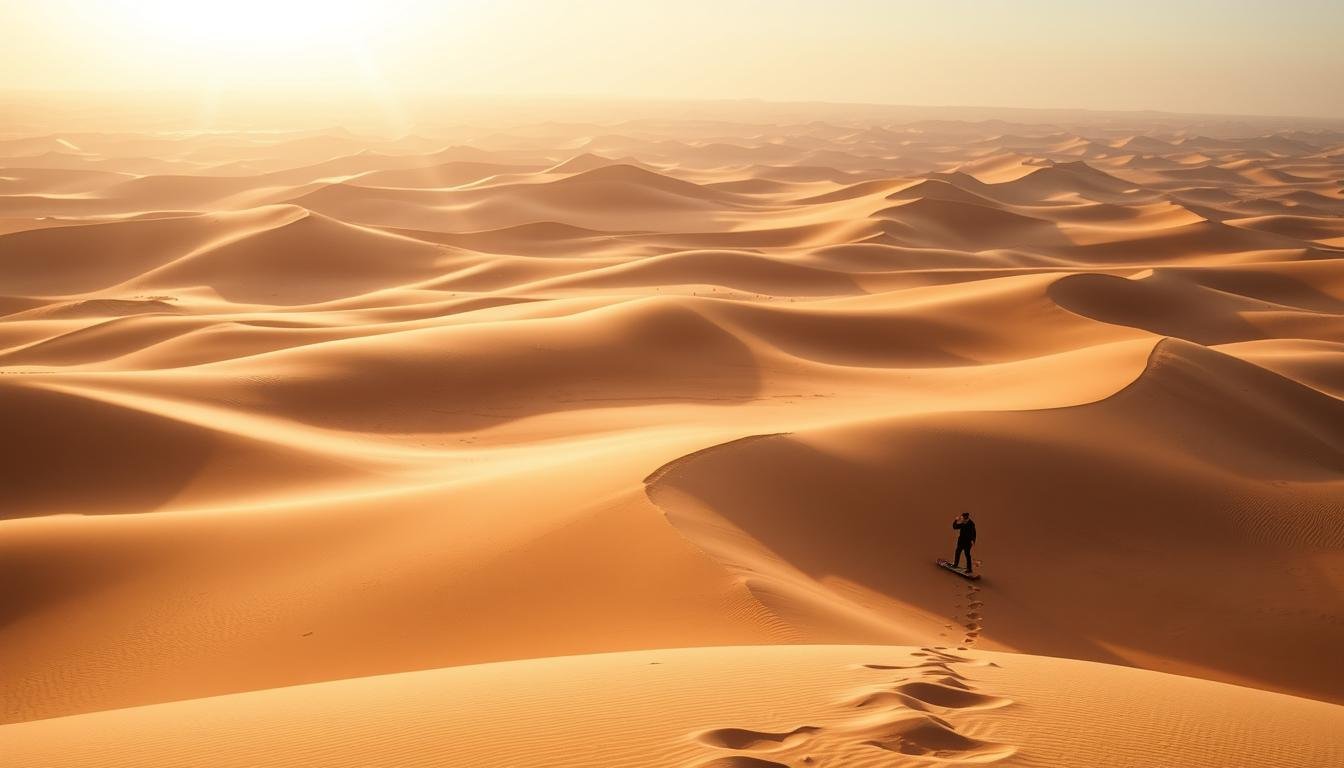 A cinematic wide-angle frame captures the ochre sands and sculpted dunes of the Dubai desert. Ribbons of sunlight glide across the undulating landscape, casting long shadows and warm hues. In the foreground, a solitary figure navigates the terrain, their silhouette etched against the dramatic sky. Carefully framed, the composition highlights the scale and grandeur of the setting, inviting the viewer to experience the tranquility and timelessness of this iconic Arabian wilderness. Technical precision, with an emphasis on lighting and lens choice, elevates the scene, offering a tantalizing glimpse of the local insights and insider tips that await in the Sandboarding Dubai Desert Safari Experience.