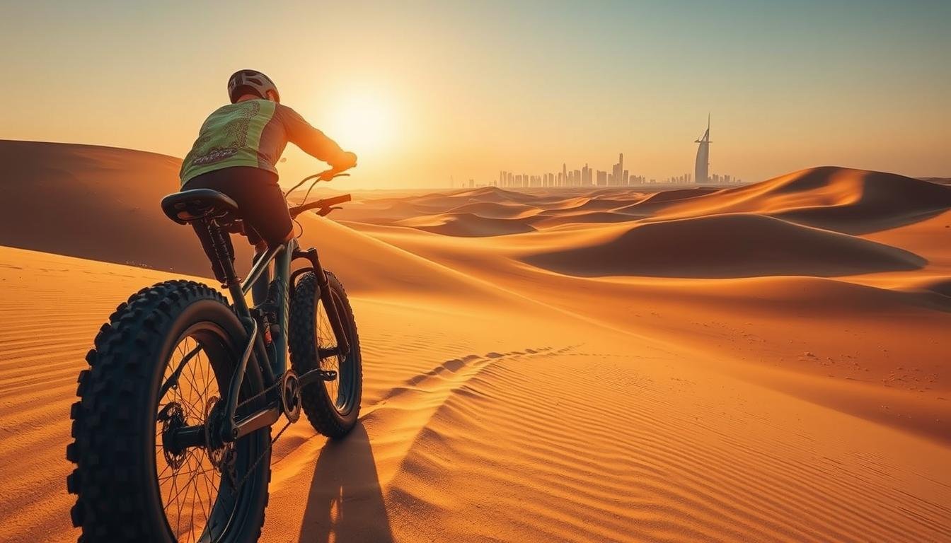 A desert fat bike adventure through the majestic dunes of Dubai, the warm sun casting a golden glow across the sweeping sand formations. In the foreground, a rugged fat bike carving through the undulating landscape, its oversized tires gripping the soft terrain. The middle ground reveals the dunes stretching into the distance, their graceful curves and shadows creating a sense of depth and dimension. In the background, the iconic skyline of Dubai shimmers on the horizon, a testament to the city's striking contrast of natural and urban landscapes. The scene is bathed in a warm, golden light, with a clear, azure sky overhead, capturing the exhilaration and serenity of this desert adventure.