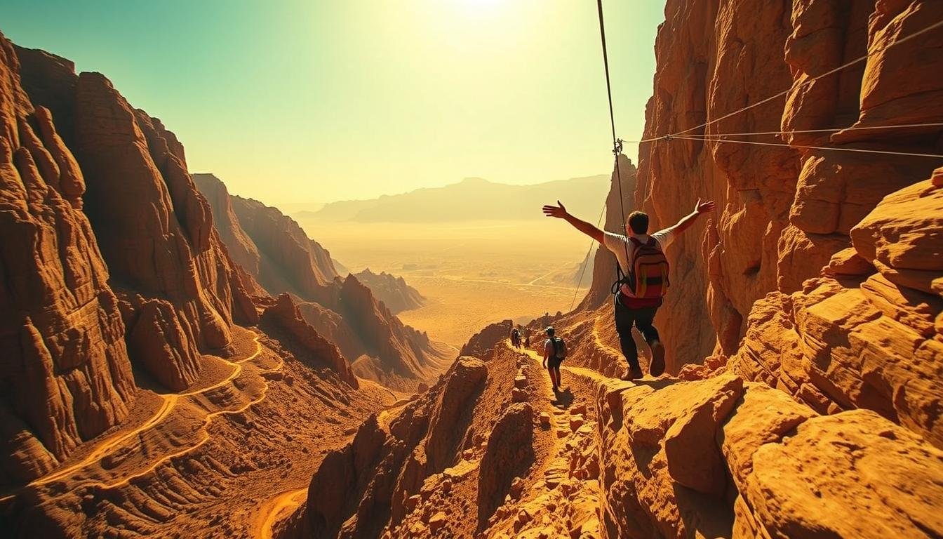 A dramatic wide-angle scene showcasing the thrill of Jebel Jais zipline and hiking activities. In the foreground, a lone adventurer zips across the sky, arms outstretched, against the backdrop of towering limestone cliffs. The middle ground features hikers navigating rugged trails, their silhouettes framed by the rugged, sun-dappled terrain. In the distance, the majestic Hajar Mountains rise up, their peaks basking in the warm, golden light of the clear Arabian sky. An atmosphere of exhilaration and exploration pervades the image, inviting the viewer to expand their own Jebel Jais adventure horizons.