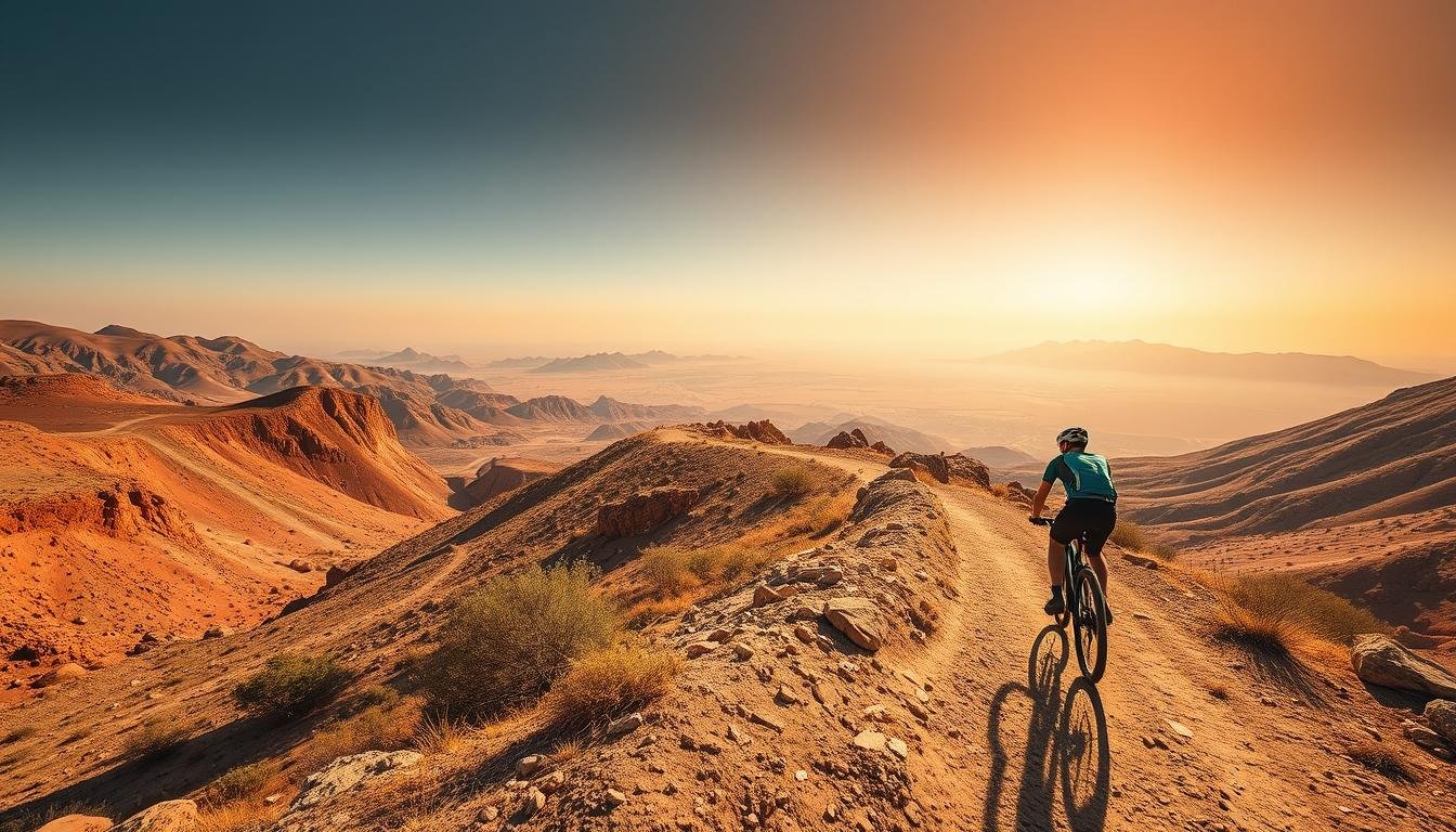 A dramatic, wide-angle view of the winding cycling trail snaking through the majestic Jebel Jais mountains, the iconic UAE landscape unfolding in the distance. Warm, golden sunlight bathes the rugged, ochre-hued terrain, casting dramatic shadows across the undulating terrain. The trail is lined with craggy boulders and sparse vegetation, inviting the cyclist to navigate the challenging but rewarding route. The clear, azure sky overhead completes the serene, awe-inspiring scene, capturing the essence of an exhilarating mountain biking adventure.