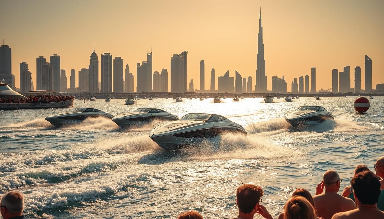 A high-energy race day scene, with sleek power boats slicing through sparkling waves against the iconic Dubai skyline. The sun casts a warm glow, highlighting the dynamic motion of the vessels as they round a buoy, water churning in their wake. In the foreground, spectators line the marina, their expressions rapt with anticipation. The middle ground features the gleaming boats in fierce competition, their powerful engines roaring. The background showcases Dubai's towering skyscrapers and the distant Burj Khalifa, creating a striking contrast between the urban landscape and the exhilarating nautical action.