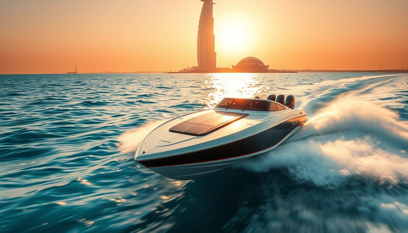 A high-speed powerboat races across the glistening azure waters of the Arabian Gulf, its sleek hull slicing through the waves with precision and grace. The boat's advanced engineering is on full display, with a cutting-edge aerodynamic design and powerful twin engines propelling it forward at breakneck speeds. In the background, the iconic silhouette of the Burj Khalifa towers majestically, framed by a warm, golden glow of the setting sun. The scene is one of technical mastery and strategic maneuvering, capturing the thrill and excitement of the world-class Dubai Power Boat Racing Experience.