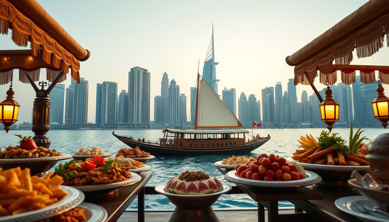 A lavish dhow cruise dinner buffet set against the iconic Dubai skyline. In the foreground, an array of Emirati and international delicacies await on ornate serving platters, their aromas wafting through the warm evening air. The middle ground features the traditional wooden dhow boat, its sails billowing gently as it glides across the calm waters of the Dubai Creek. In the background, the towering skyscrapers of the UAE's financial center reach towards the clear, azure sky, bathed in a soft, golden glow from the setting sun. The scene exudes an atmosphere of cultural authenticity, culinary indulgence, and serene ambiance, inviting guests to savor the local cuisine and soak in the enchanting Dubai dhow cruise experience.