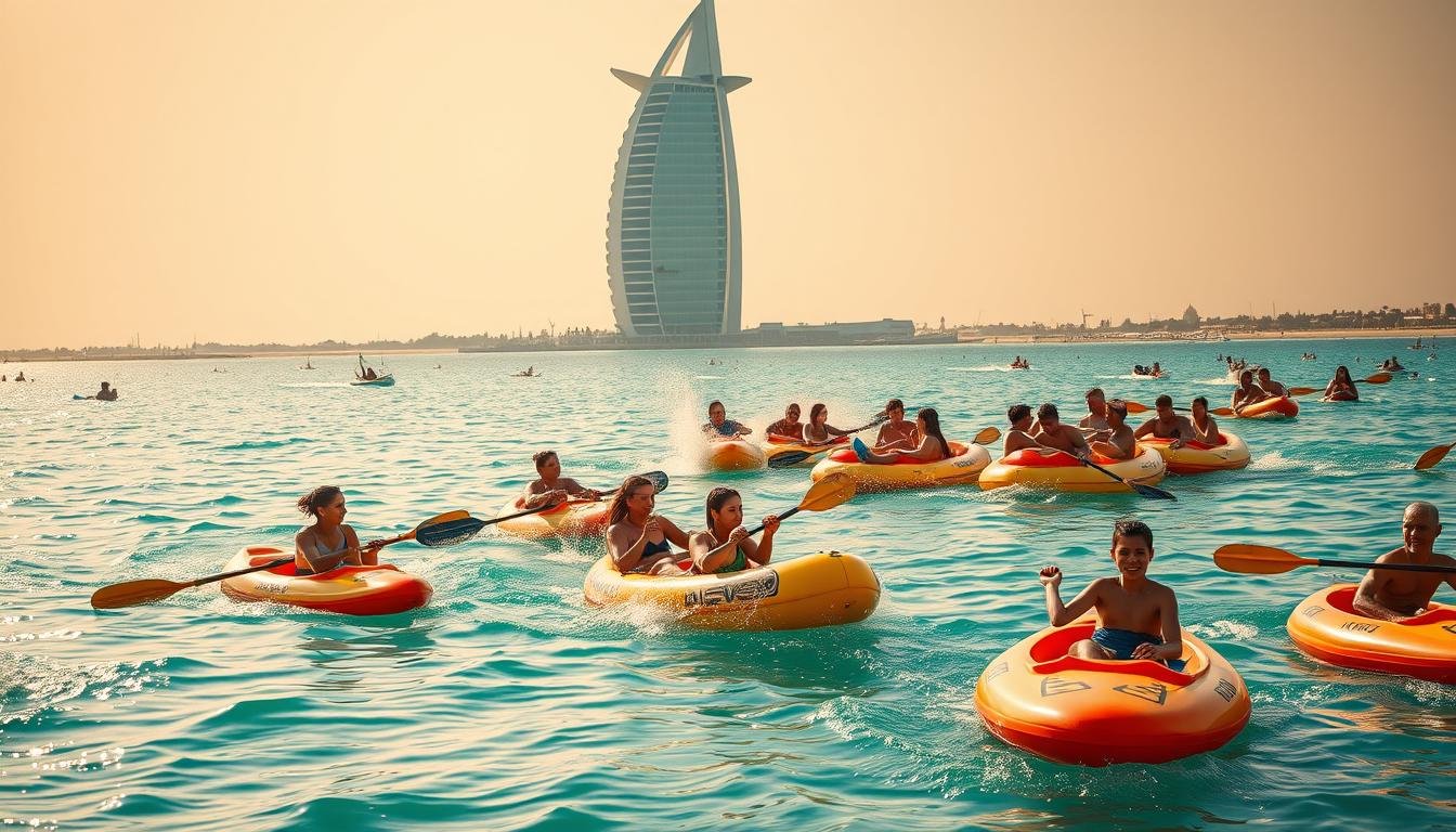 A lively scene of families enjoying various water activities at Jumeirah Beach, Dubai. In the foreground, groups paddle vibrant kayaks across the glistening turquoise waters. Beachgoers float on inflatable tubes and splash joyfully. In the middle ground, a party of friends on a large inflatable raft engage in a spirited water battle, water guns in hand. The iconic Burj Al Arab hotel stands tall in the background, its modern architecture silhouetted against a warm, golden sky. Soft, diffused lighting bathes the entire setting, creating a idyllic, carefree atmosphere. A wide-angle lens captures the expansive view, highlighting the energy and diversity of the family-friendly water sports on offer.