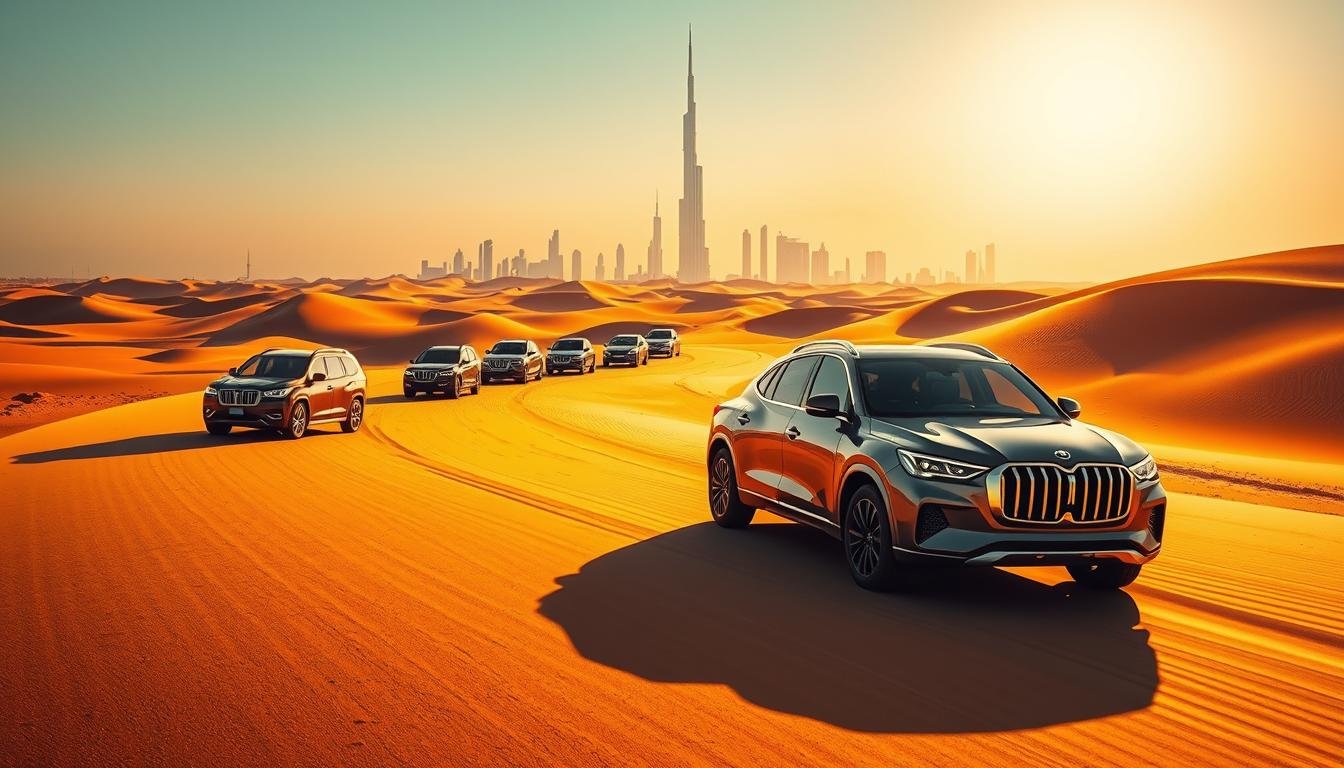 A luxurious fleet of private service vehicles seamlessly navigates the picturesque UAE landscape. The sleek, chauffeured SUVs glide effortlessly across the sun-kissed desert, casting long shadows amidst the rolling dunes. Warm, golden light bathes the scene, creating a serene and inviting atmosphere. The angular, aerodynamic silhouettes of the vehicles hint at their power and efficiency, ready to whisk passengers away to their exclusive desert adventure. In the distance, the iconic skyline of Dubai's towers rises majestically, framing the tranquil oasis of private transportation. This harmonious blend of luxury, technology, and natural beauty epitomizes the seamless private service experience.