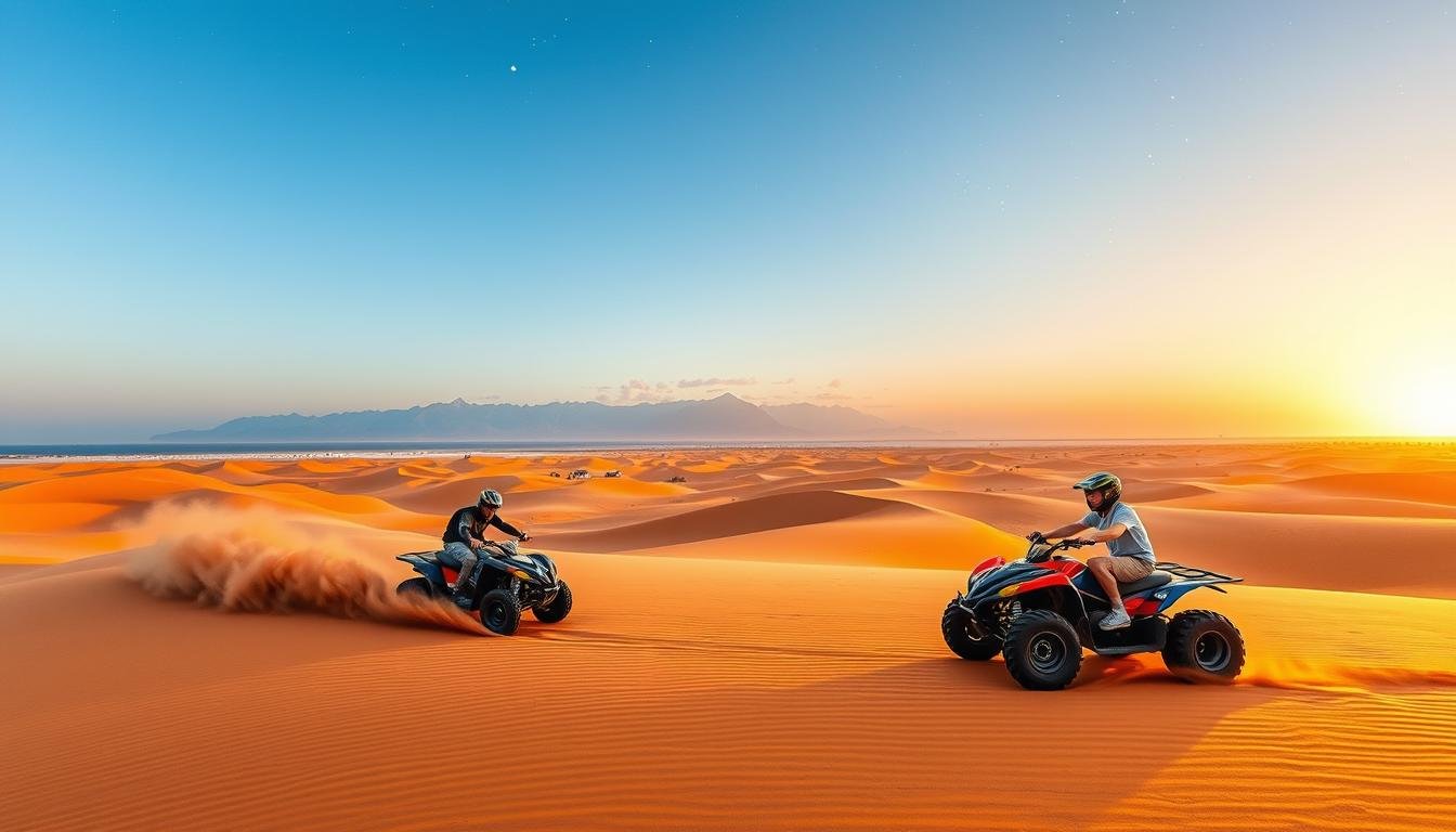 A majestic desert panorama at day and night, showcasing the thrilling Dubai ATV quad adventure. In the foreground, sleek all-terrain vehicles glide across the undulating ochre dunes, kicking up plumes of sand. The middle ground reveals a stunning UAE backdrop - towering mountains and a cloudless azure sky. As the sun sets, the scene shifts to a tranquil evening landscape, with the ATVs now illuminated by the warm glow of the fading light and twinkling stars overhead. A sense of adventure, natural beauty, and the allure of the Arabian desert permeates the composition.