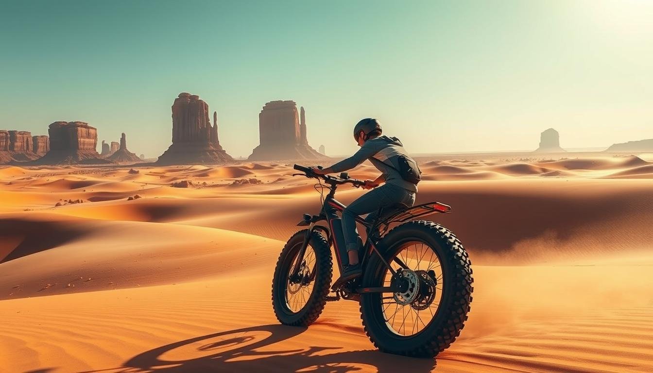 A rugged electric fat bike navigates the undulating desert dunes of Dubai, its oversized tires churning through the golden sand. Vibrant sunlight bathes the scene, casting warm hues across the sweeping expanse of the iconic Arabian landscape. In the distance, towering sandstone formations rise like ancient sentinels, their jagged silhouettes etched against a cloudless azure sky. The rider leans forward, their face obscured, focused on the exhilarating journey as they carve through the untamed terrain, embracing the thrill of this unique desert adventure.