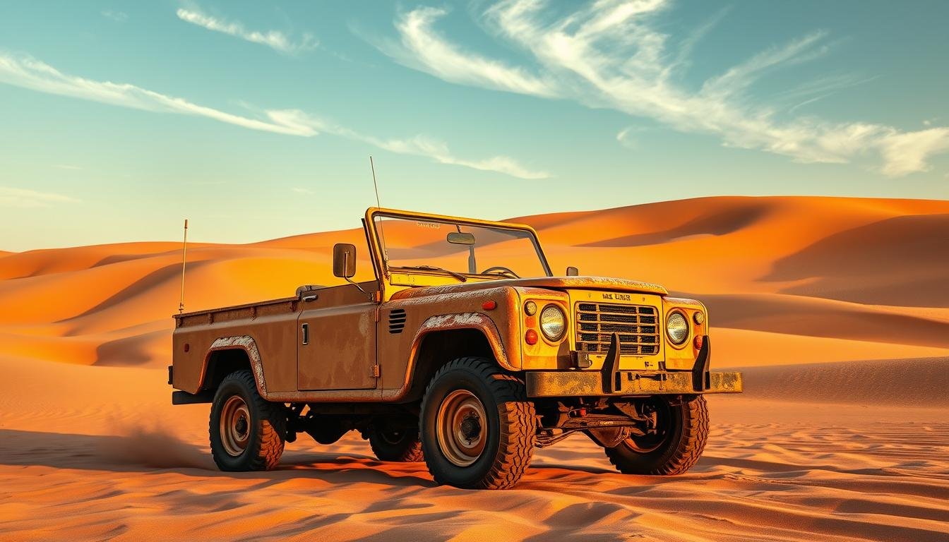 A rugged, vintage 4x4 desert safari vehicle parked amidst the rolling sand dunes of the UAE, its weathered exterior gleaming in the warm, golden light of the setting sun. The vehicle's iconic boxy shape and retro styling evoke a sense of adventure and nostalgia, perfectly complementing the vast, untamed expanse of the desert landscape in the background. Wispy cirrus clouds dot the clear, azure sky, casting gentle shadows over the dunes. The scene exudes an atmosphere of serene tranquility, inviting the viewer to imagine embarking on an unforgettable desert exploration in this time-honored mode of transportation.