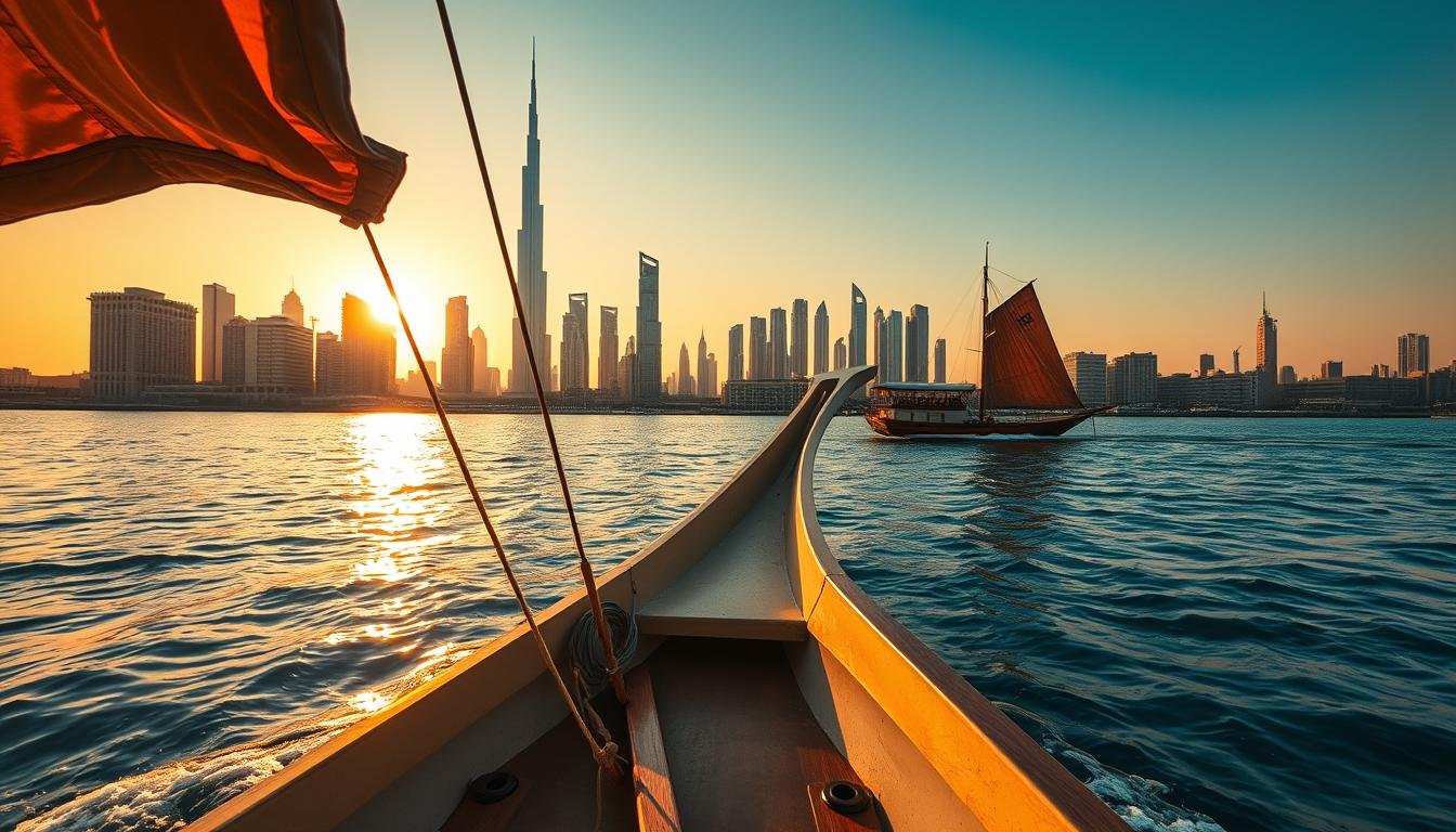 A scenic dhow cruise on the serene waters of Dubai's iconic Dubai Creek, capturing the city's timeless architectural marvels against a warm, golden sunset. Majestic skyscrapers, including the Burj Khalifa, rise majestically in the distance, their sleek silhouettes silhouetted against a clear, azure sky. The dhow's sails billow gently in the soft breeze, creating a serene and tranquil atmosphere. The composition utilizes a wide-angle lens to showcase the stunning vista, with the dhow's elegant lines and intricate details taking center stage. The warm, golden light bathes the scene in a soft, inviting glow, highlighting the timeless charm of this iconic Dubai experience.