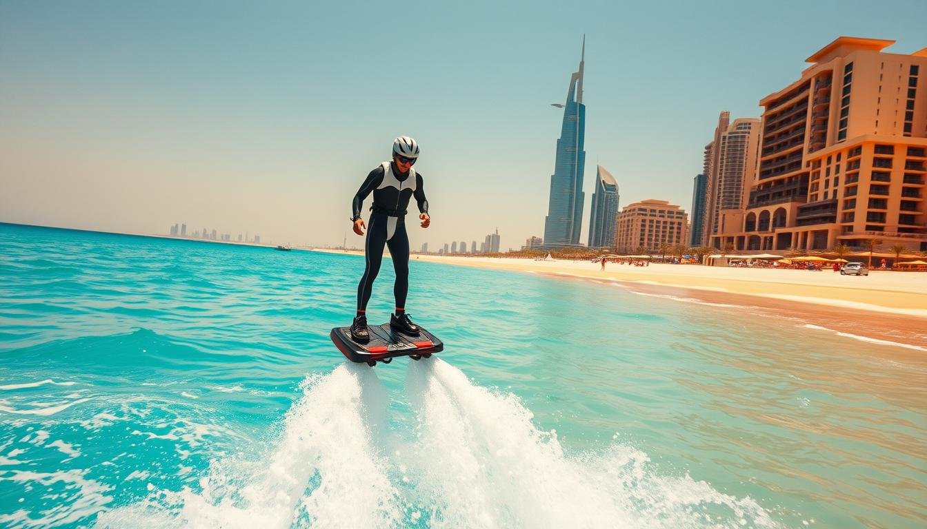 A serene Jumeirah Beach scene, the iconic Dubai skyline standing tall in the background. A person in a sleek, futuristic flyboard suit hovers effortlessly above the crystal-clear turquoise waters, water spraying in dynamic arcs as they perform graceful maneuvers. Warm, golden sunlight casts a soft glow, highlighting the vibrant colors and creating a sense of tranquility. The camera captures this breathtaking aquatic adventure from a wide angle, showcasing the balance and control of the flyboarding experience against the picturesque UAE landscape.