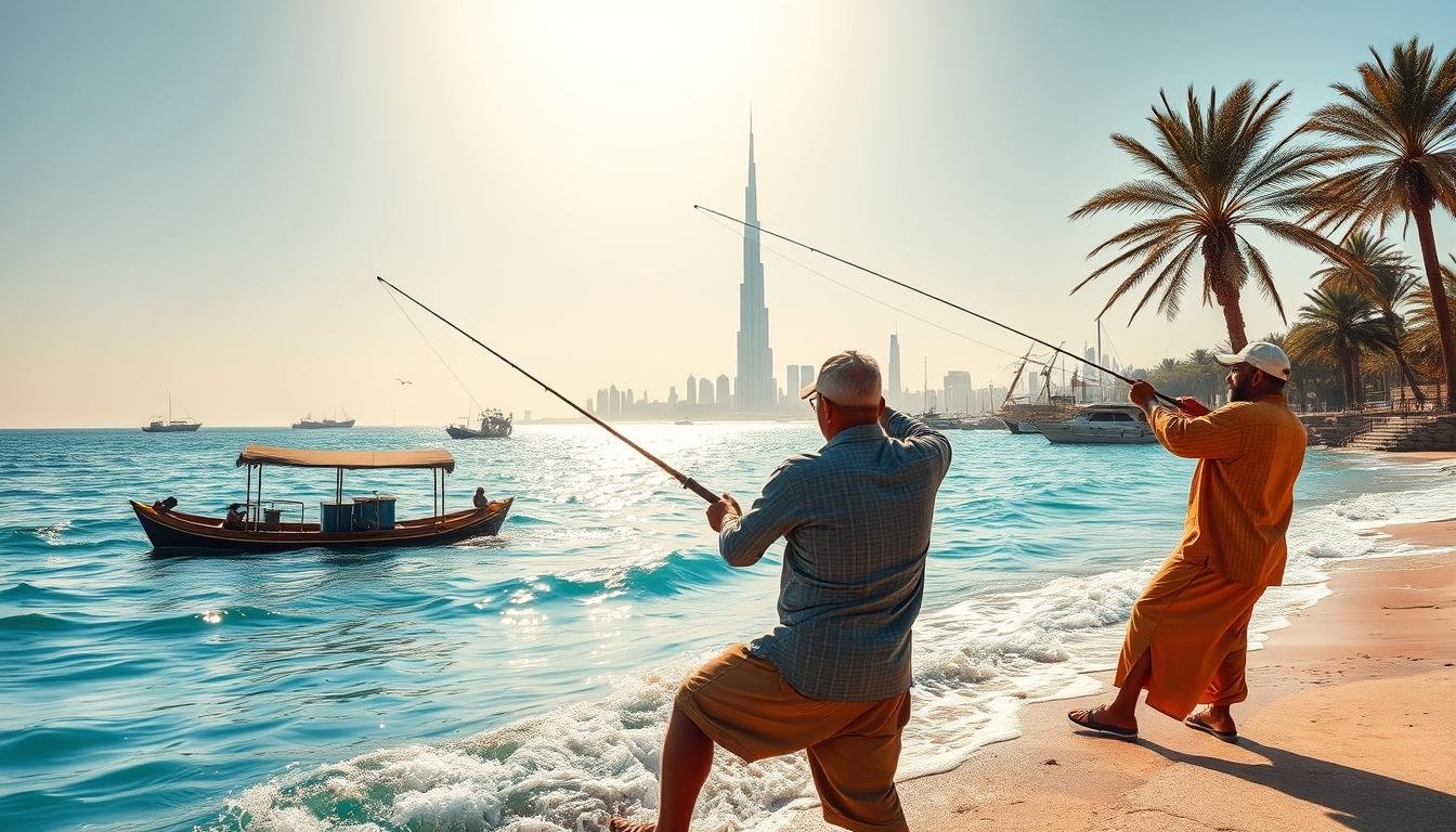 A serene coastal scene in Dubai, UAE, during the height of fishing season. Vibrant azure waves gently lap against a sun-drenched shoreline, with traditional dhows and modern vessels dotting the horizon. Silhouetted palm trees sway in a gentle breeze, framing the iconic Burj Khalifa skyline in the distance. In the foreground, weathered fishermen skillfully cast their lines, their movements captured in a dynamic, wide-angle composition that conveys the thrill of the catch. Warm, golden light bathes the entire tableau, infusing the image with a sense of timeless tranquility and the essence of Dubai's deep-sea fishing culture.