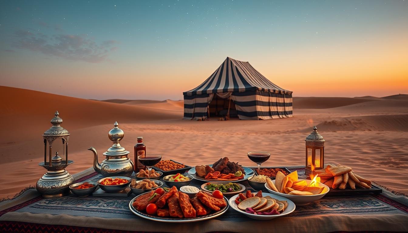 A serene desert scene at dusk, with a warm, inviting glow reflecting off the golden sand dunes. In the foreground, a low table is set with an elaborate Emirati feast - platters of fragrant spiced meats, fresh pita bread, and colorful salads. Gleaming silver tea service and ornate lanterns cast a soft light over the scene. In the middle ground, a traditional Bedouin tent stands tall, its striped fabric billowing gently in the evening breeze. The vast, star-filled sky fills the background, a majestic backdrop to this intimate desert dining experience.