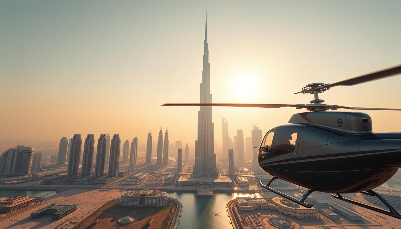A stunning wide-angle scene of a Dubai skyline helicopter tour, with the iconic Burj Khalifa and other distinctive skyscrapers rising in the background under a clear, warm sky. In the foreground, a helicopter is captured in mid-flight, its sleek silhouette and rotors in motion, conveying the thrill and excitement of the aerial experience. The image exudes a sense of adventure and wonder, perfectly capturing the essence of "User Testimonials and Real Flight Stories" for the Dubai Skyline Helicopter Tour Experience.