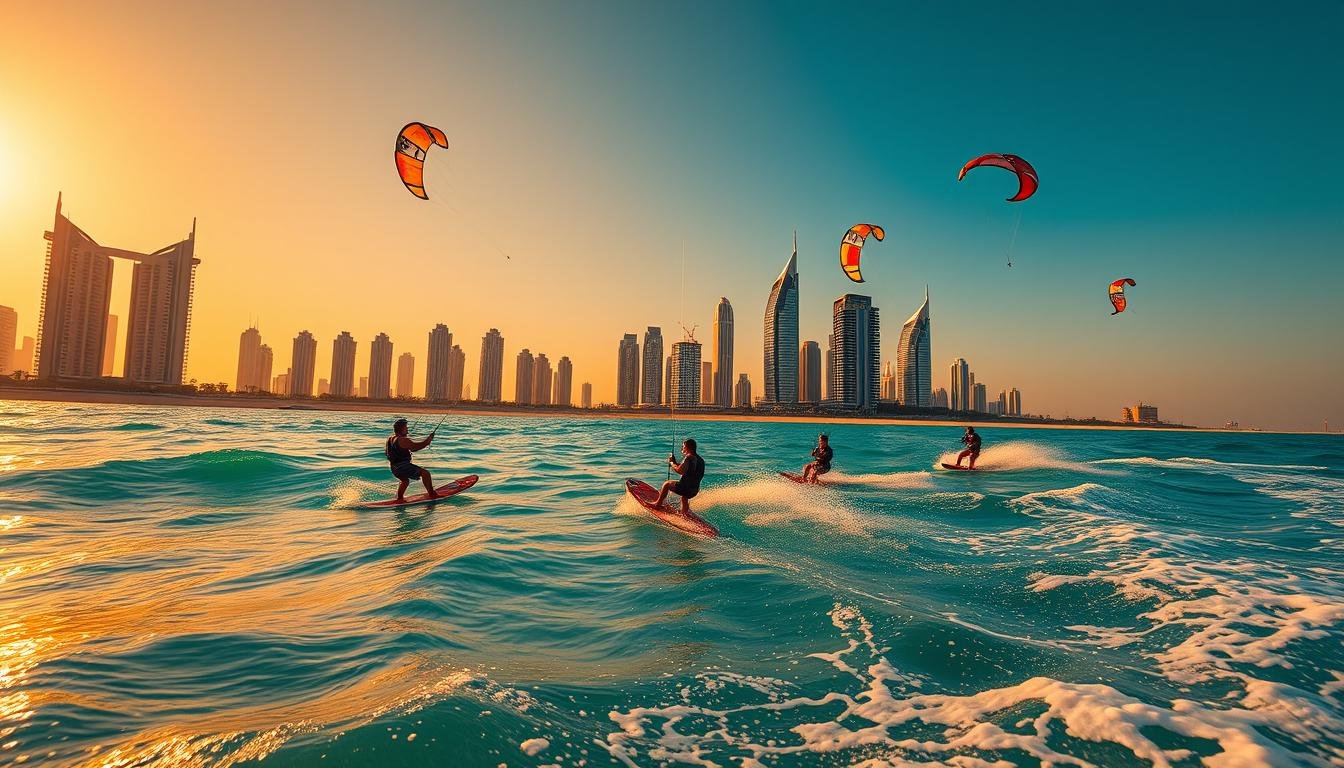 A stunning wide-angle scene of kitesurfing enthusiasts gliding across the shimmering turquoise waters of Dubai's iconic Jumeirah Beach. Vibrant kites soar high against a backdrop of the city's modern skyline, framed by a breathtaking golden sunset. In the foreground, athletic figures skim across the waves, their fluid movements captured in a dynamic composition. The warm, natural lighting casts a soft glow, highlighting the exhilaration and freedom of this thrilling water sport. This captivating image perfectly encapsulates the essence of exclusive kite surfing lessons and packages available at Dubai's premier beach destinations.