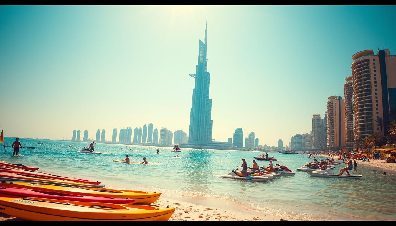 A sun-drenched beach scene along the vibrant Jumeirah coastline. In the foreground, an array of colorful rental equipment - kayaks, paddleboards, and jet skis - line the shore, beckoning adventurous beachgoers. The middle ground features lively water sports activity, with people gliding across the calm, turquoise waters. In the background, the iconic skyline of Dubai rises majestically, its towering skyscrapers casting a dramatic silhouette against a clear, azure sky. Warm, golden light bathes the entire scene, creating a welcoming and energetic atmosphere. The wide-angle composition captures the dynamic interplay between the land, sea, and city, showcasing the quintessential Jumeirah Beach experience.