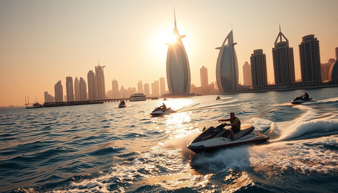 A sweeping aerial vista of Dubai's iconic Burj Khalifa and Burj Al Arab, with jet skiers carving through the glistening waters of the Arabian Gulf in the foreground. The warm, golden light of the setting sun casts a romantic glow across the scene, highlighting the elegant architectural forms and the dynamic motion of the water sports enthusiasts. The wide-angle lens captures the grandeur of the cityscape while emphasizing the sense of adventure and awe-inspiring scale of the location. The serene, clear sky and lack of human faces create an immersive, dream-like atmosphere, inviting the viewer to imagine themselves immersed in this unforgettable Dubai Marina experience.