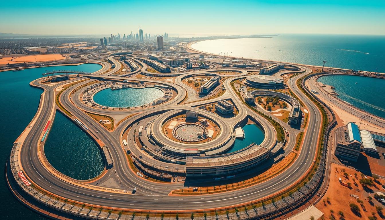 A sweeping, high-angle view of Yas Marina Circuit's iconic racetrack layout, snaking through the heart of Abu Dhabi's vibrant cityscape. Warm, golden sunlight bathes the sinuous curves and long straightaways, casting dramatic shadows across the tarmac. In the foreground, the circuit's distinctive architectural elements and grandstands come into focus, while the sparkling Persian Gulf and the silhouettes of Abu Dhabi's towering skyscrapers form a picturesque backdrop. The scene captures the exhilarating energy and technical complexity of this world-renowned Formula One venue, inviting the viewer to imagine the thrill of taming its challenging corners and straightaways.