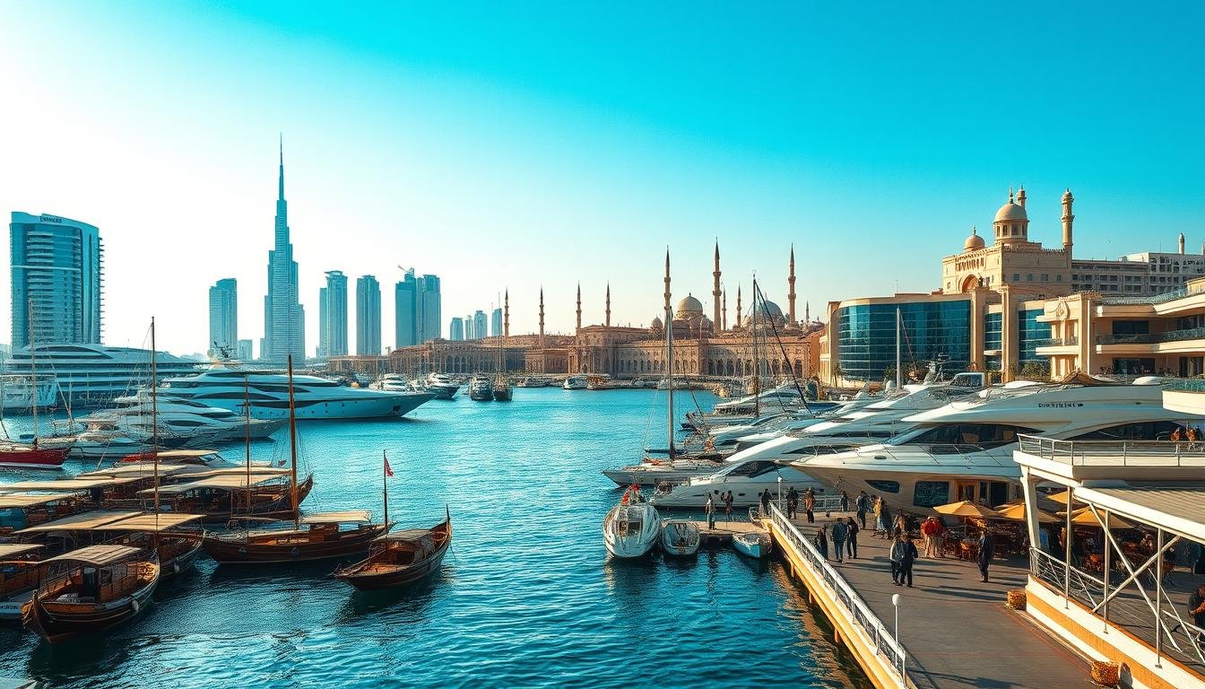 A sweeping panorama of Dubai Creek Marina, where traditional wooden dhows and sleek modern yachts converge under a brilliant azure sky. In the foreground, bustling activity along the promenade, people strolling, cafes spilling out onto the boardwalk. The middle ground features the iconic architecture of the marina, towering glass-and-steel structures casting dynamic shadows. In the distance, the historic spires and minarets of Old Dubai stand in striking contrast, bathed in the warm, golden light of the setting sun. A wide-angle lens captures the dynamic interplay of old and new, tradition and modernity, that defines this vibrant waterfront district.