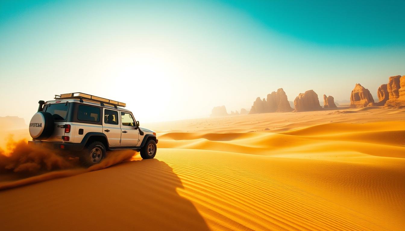 A thrilling dune bashing adventure across the vast expanse of the Dubai desert. In the foreground, a powerful 4x4 vehicle soars over the undulating golden dunes, its tires kicking up plumes of sand. The middle ground features a sweeping panorama of the iconic UAE landscape, with towering sand formations and a brilliant azure sky. The warm, golden light bathes the scene, creating a dynamic and cinematic atmosphere. The camera captures the action from a wide-angle, heroic perspective, conveying the sheer scale and excitement of the desert exploration.