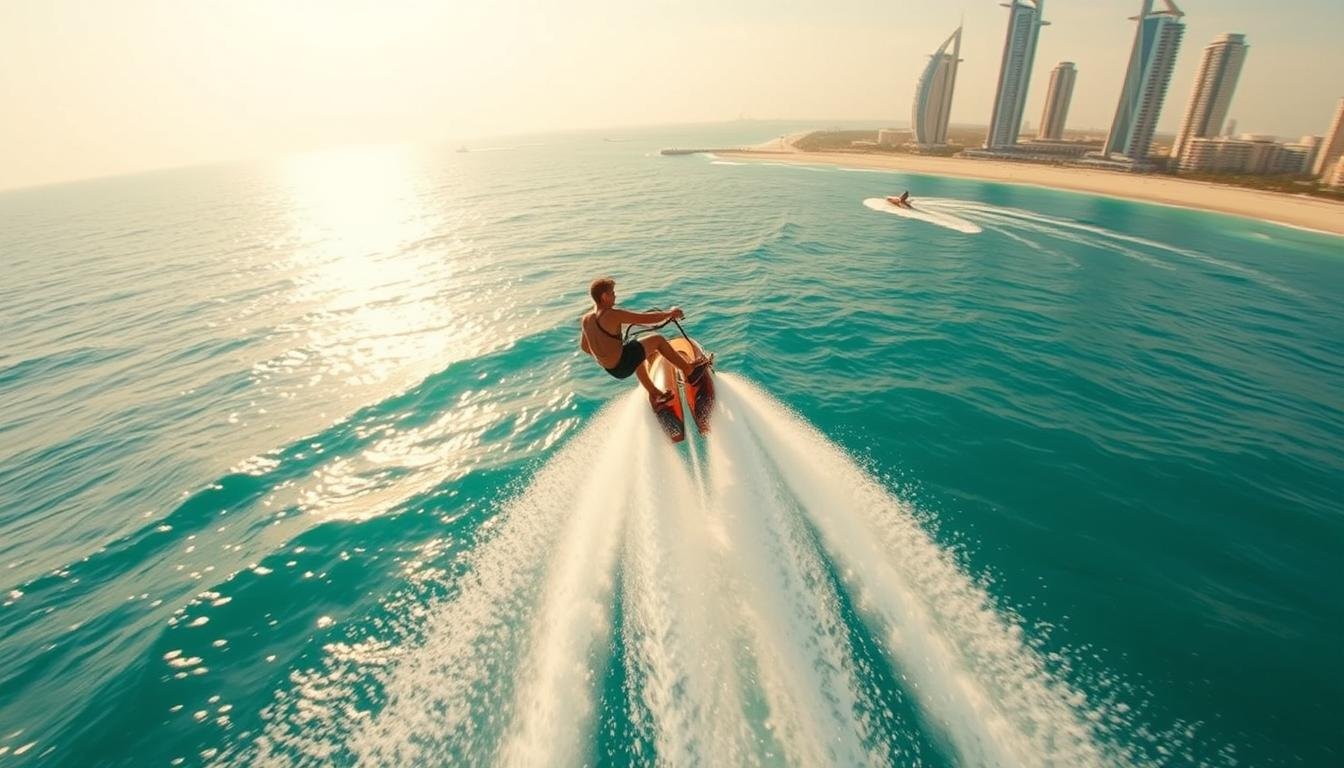 A thrilling flyboarding adventure unfolds against the iconic Jumeirah Beach backdrop. Soaring high above the turquoise waters, the rider carves through the air, harnessing the power of the water jets. The sun casts a warm, golden glow over the scene, illuminating the rider's dynamic silhouette and the rolling waves in the distance. Capturing the thrill and exhilaration of this unique water sport, the wide-angle perspective showcases the picturesque UAE coastline as the stunning natural setting for this extraordinary experience.