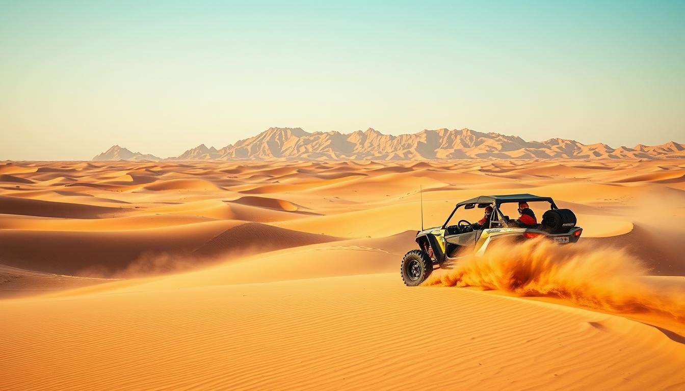 A thrilling sand dune adventure unfolds against the majestic backdrop of the UAE's desert landscape. In the foreground, an exhilarating dune bashing experience, with a powerful off-road vehicle surging through the golden dunes, kicking up a cloud of dust. The middle ground reveals the undulating terrain, sculpted by the wind, creating a sense of scale and depth. In the distant background, the iconic silhouette of the UAE's desert mountains rises, bathed in warm, golden light under a clear, azure sky. The scene captures the essence of an adrenaline-fueled desert escapade, inviting the viewer to experience the thrill of this quintessential Arabian adventure.