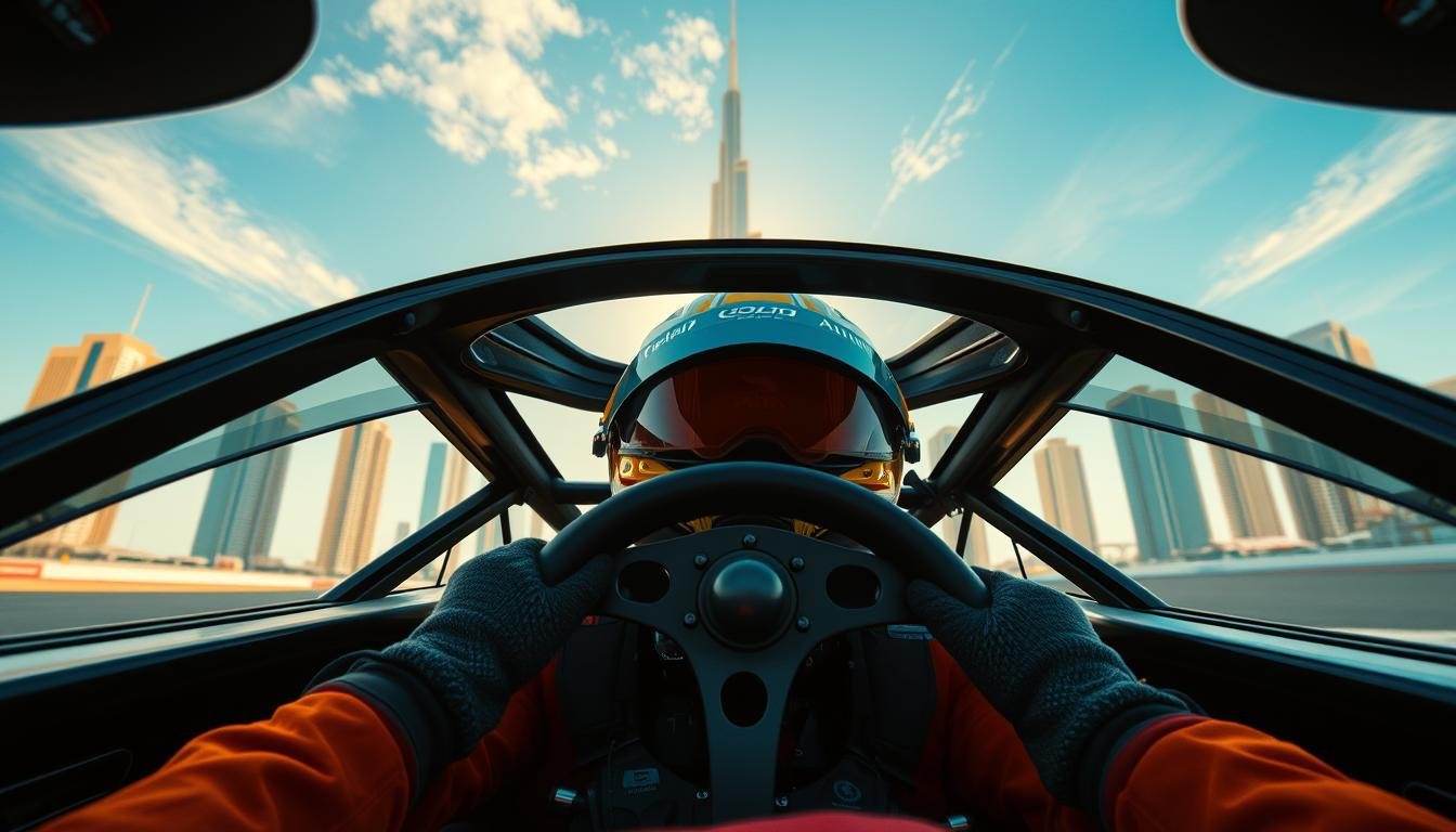 A wide-angle hero shot of a Formula One racing driver's cockpit, showcasing the intricate dashboard, steering wheel, and safety gear. The driver's suit, helmet, and HANS device are prominently displayed, emphasizing the technical requirements and safety precautions necessary for high-speed motorsports. The background features the iconic architecture of the Abu Dhabi skyline, bathed in warm, golden light under a clear, azure sky. The overall scene conveys the thrill and precision of the Formula One driving experience.