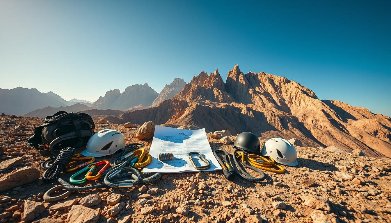 A wide-angle, high-angle view of a comprehensive safety gear checklist laid out on a rugged, rocky terrain. The checklist features essential climbing equipment such as carabiners, ropes, harnesses, and helmets, all positioned against the iconic backdrop of the majestic Jebel Hafeet mountain range in the United Arab Emirates. The warm, golden hues of the afternoon sun cast a natural, inviting glow across the scene, creating a sense of preparedness and adventure. The clear, blue sky overhead completes the picture, emphasizing the importance of safety and the thrill of the Jebel Hafeet climbing experience.