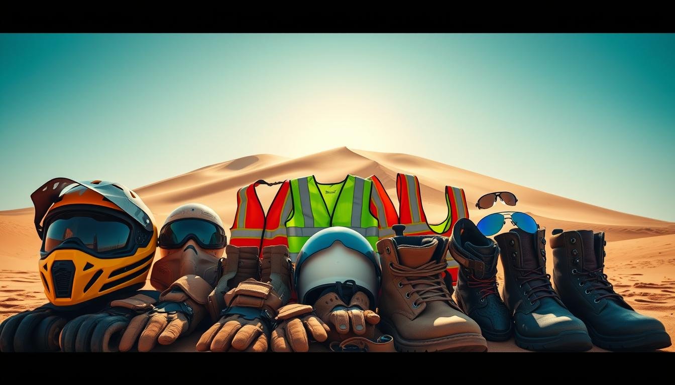 A wide-angle shot showcasing an array of essential safety gear for a desert tour adventure in the United Arab Emirates. In the foreground, sturdy ATV helmets, reinforced gloves, and rugged boots sit ready for the expedition. The middle ground features a collection of reflective safety vests and protective eyewear, designed to shield explorers from the sun's glare. In the background, the iconic silhouette of rolling sand dunes and a clear, azure sky create a serene, majestic setting, radiating the warmth of the Arabian desert. Crisp, natural lighting illuminates the scene, conveying a sense of preparedness and adventure.