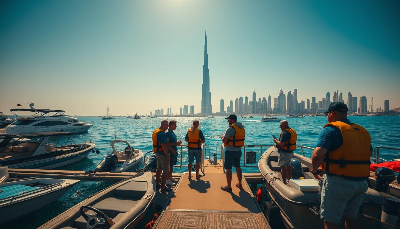 Aquatic adventure booking process in Dubai's coastal landscape. A wide-angle shot showcases a bustling harbor with boats and docks in the foreground. In the middle ground, guests engage with staff, reviewing safety gear and finalizing their tour details. The iconic Burj Khalifa and Dubai skyline stretch along the horizon, bathed in warm, golden light under a clear blue sky. A tranquil, serene atmosphere pervades the scene, evoking the excitement and anticipation of an upcoming aquatic adventure.
