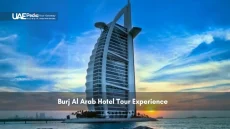 Iconic Burj Al Arab hotel by the sea at sunset in Dubai