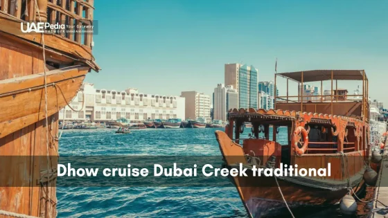 Wooden dhows lined up on Dubai Creek with high-rise buildings visible across the water.