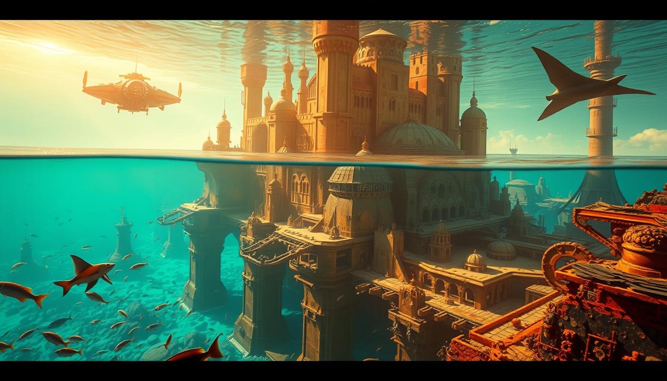 Dramatic underwater cityscape, with sunken towers and buildings emerging from crystal-clear turquoise waters. Warm, golden light filters through the surface, illuminating the weathered architecture. Sleek, futuristic exploration craft hover nearby, their lights piercing the depths. Diverse marine life, from schools of tropical fish to graceful manta rays, glide through the surreal, submerged environment. Towering silhouettes of structures reach towards the surface, hinting at a lost civilization waiting to be discovered. Dramatic wide-angle perspective captures the sheer scale and mystery of this submerged urban wonder.