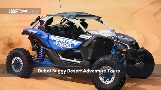 Blue desert buggy driving over sand dunes in Dubai