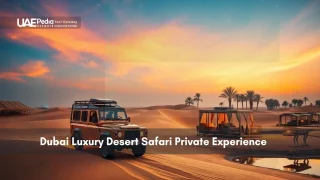 Safari jeep and tents in Dubai desert at sunset