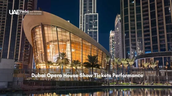 Dubai Opera House at night with its illuminated, modern architecture.