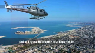 Helicopter flying above Dubai’s coastline and city skyline