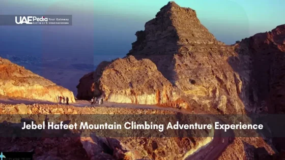 Group of climbers ascending Jebel Hafeet mountain at sunset