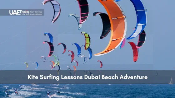 Colorful kites and surfers enjoying kite surfing lessons in Dubai