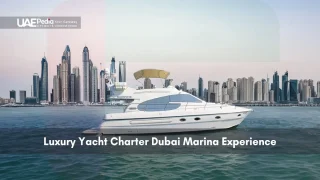 White luxury yacht cruising in front of Dubai Marina skyline