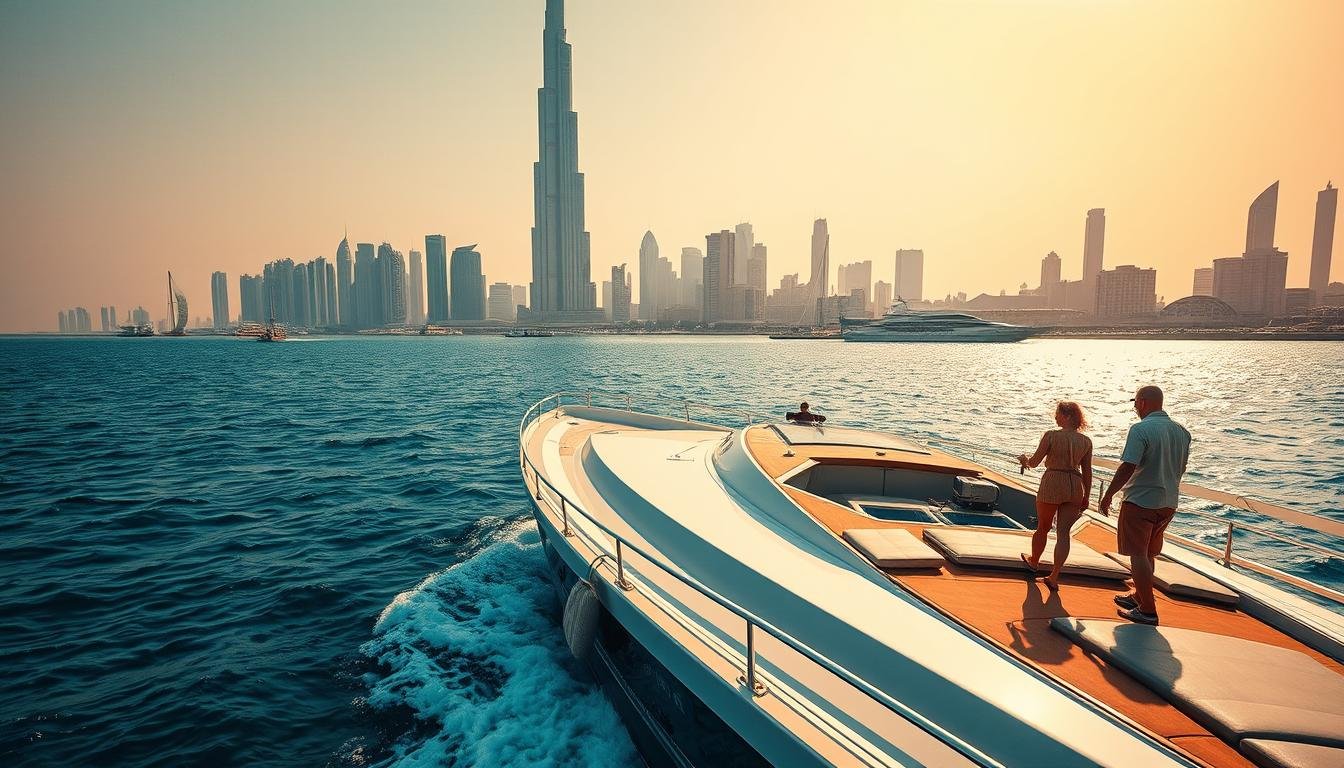 Majestic yacht glides across azure waters, crew scurrying with practiced precision - polishing gleaming surfaces, unfurling white sails, and preparing luxurious amenities for discerning guests. Dramatic Dubai skyline looms large in the background, Burj Khalifa piercing the clear sky. Warm, golden light bathes the entire scene, creating an atmosphere of opulence and leisure. Sweeping, cinematic wide-angle perspective captures the grandeur of this private yachting experience, transporting the viewer into a world of sophistication and adventure.
