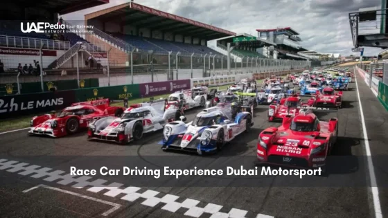 Multiple race cars on a motorsport track in Dubai