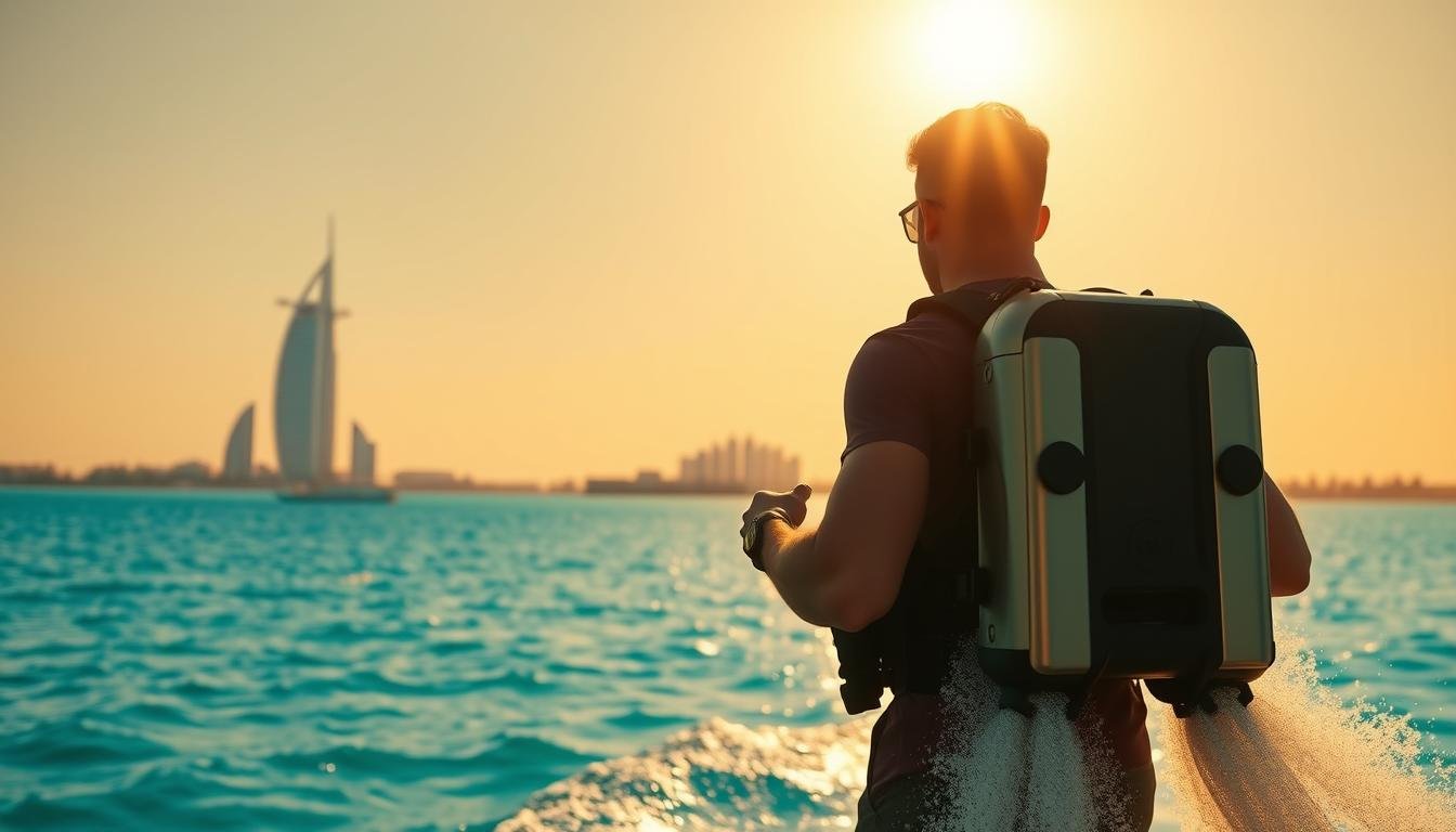Seamless booking process for a jetpack water adventure in Dubai. Vibrant azure waters and iconic architectural skyline in the background. Adventure seeker in the foreground, silhouetted against the sun, strapping on a sleek, futuristic jetpack. Warm golden light filters through, creating dynamic shadows and highlights. Dramatic, wide-angle perspective captures the thrill and scale of the experience. Minimal, clean UI elements discreetly overlaid, hinting at the smooth digital booking flow. An air of anticipation and discovery pervades the scene.