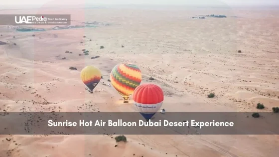 Hot air balloons floating over the Dubai desert at sunrise