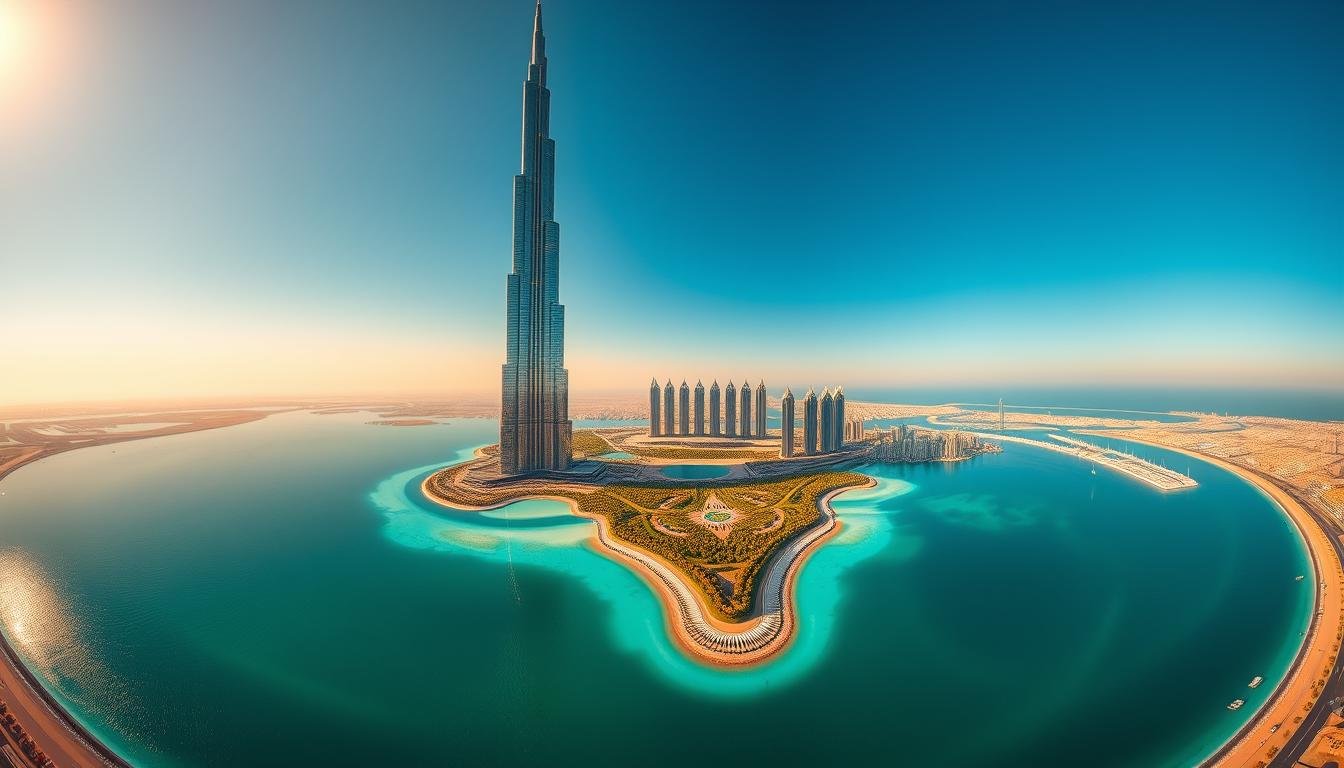 Wide aerial view showcasing the magnificent Burj Khalifa and the captivating Palm Jumeirah in Dubai, UAE. The towering skyscraper stands tall, its reflective glass facade gleaming in the warm, golden sunlight. The palm-shaped artificial island radiates with vibrant greenery, surrounded by the serene turquoise waters of the Arabian Gulf. Captured from a high vantage point, this sweeping panorama highlights the awe-inspiring scale and architectural prowess of these iconic landmarks, set against a backdrop of a clear, azure sky. The scene exudes a sense of grandeur and progress, perfectly encapsulating the dynamic and visionary spirit of Dubai.