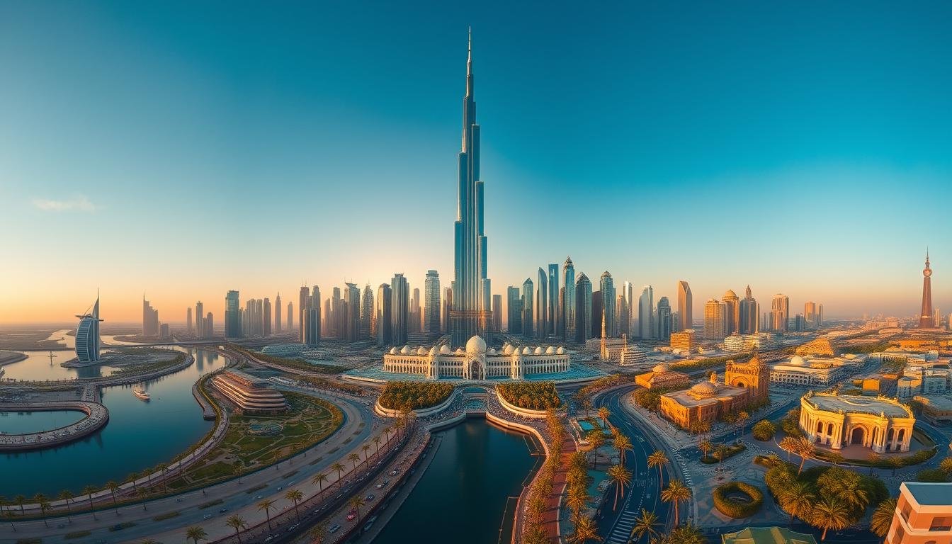 Wide-angle aerial panorama capturing the iconic skyline of Dubai, United Arab Emirates, in warm golden hour lighting. The camera sweeps across the gleaming high-rises of the financial district, with the Burj Khalifa - the world's tallest building - rising majestically against a clear azure sky. In the foreground, the winding waterways and palm-fringed promenades of the Dubai Creek lead the eye towards the distinct architecture of the Sheikh Zayed Grand Mosque. The bustling activity of the city is visible below, creating a captivating contrast between the urban landscape and the serene aerial perspective.