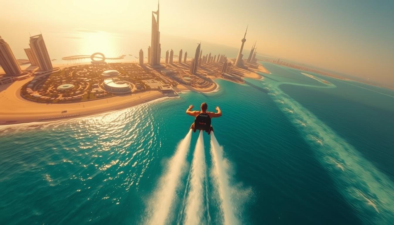 Wide-angle aerial view of a person soaring over the crystalline waters of Palm Jumeirah in Dubai, UAE, using a state-of-the-art water jetpack. The iconic palm-tree-shaped island and glittering skyscrapers of the city skyline form a breathtaking backdrop. Warm, golden sunlight bathes the scene, creating a sense of exhilaration and adventure. The jetpack's powerful thrust propels the figure high above the waves, capturing the thrill and freedom of this unique water-based experience.
